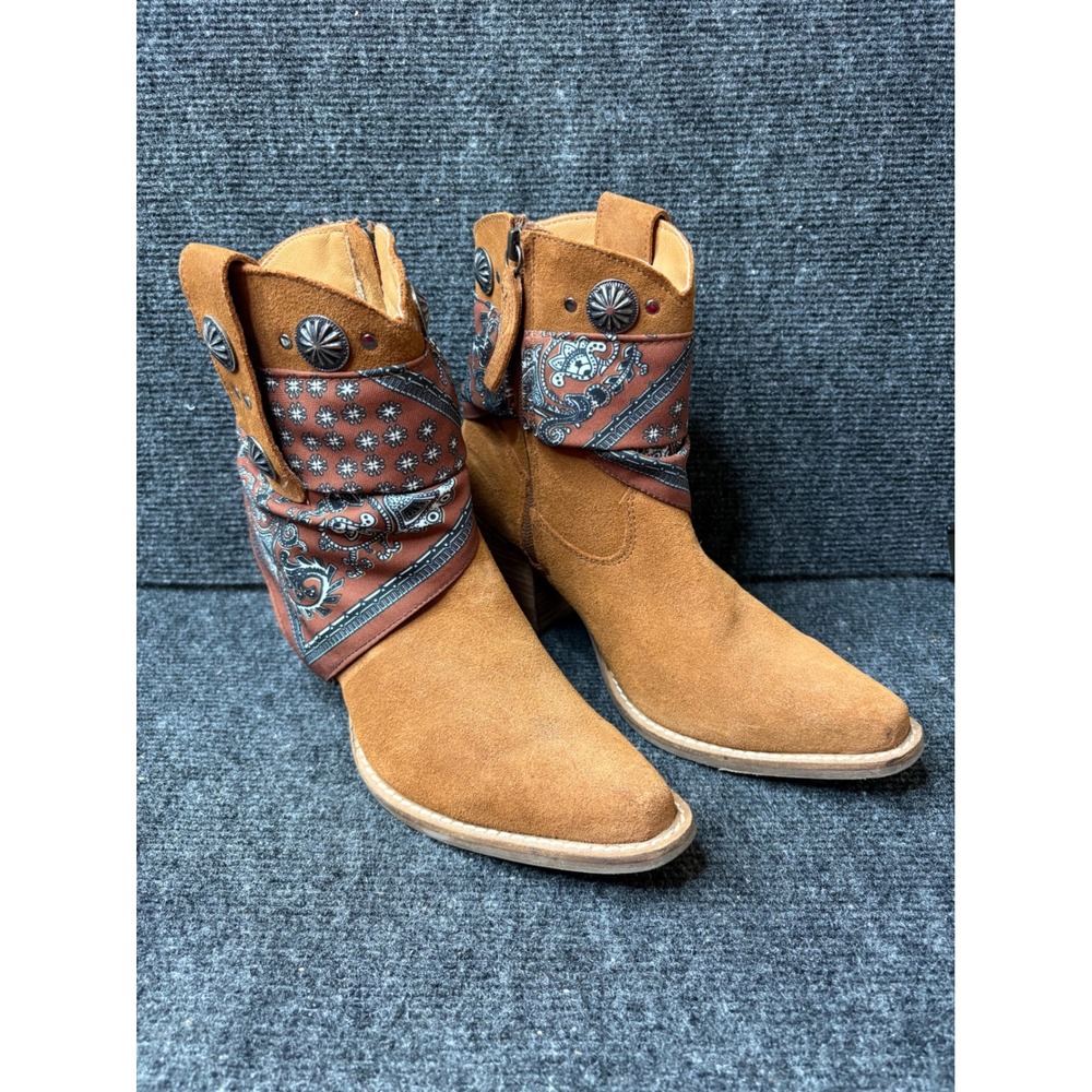 Dingo DI 184 Brown Suede Western Bandana Ankle Boots Womens 7M Concho Zip